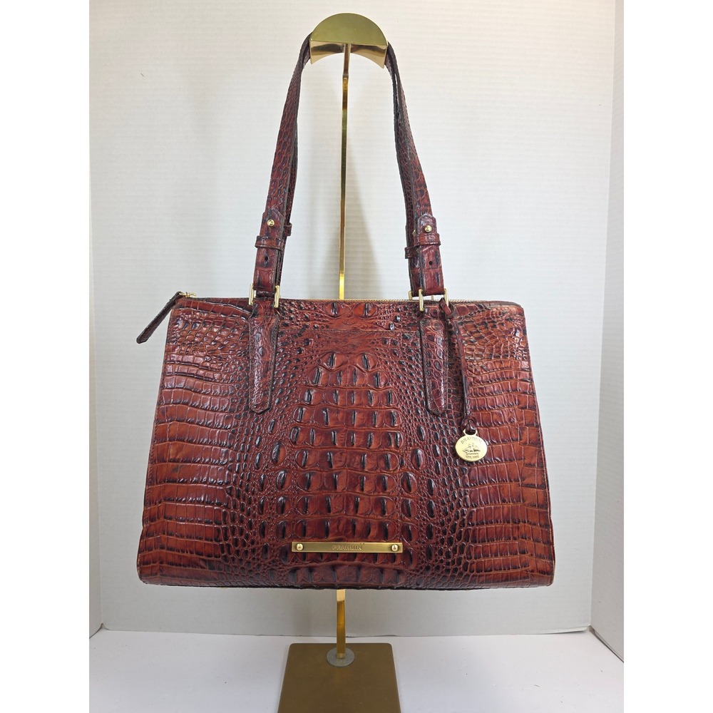 Brahmin Pecan Melbourne Croc Embossed Leather Tote Bag Shoulder Bag Brown